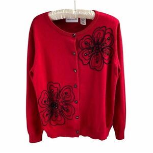 Alfred Dunner Small Red Floral Beaded Cardigan Button Front Classic Elegant NWT